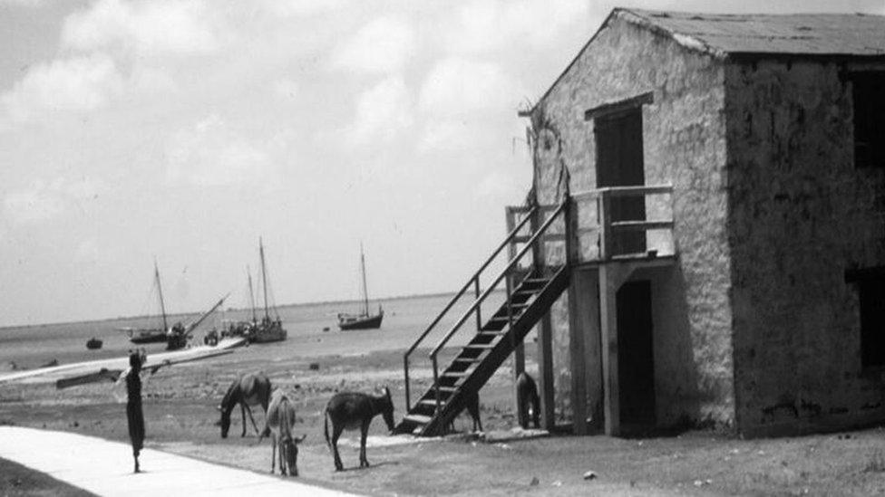 A century old sugar factory by the seaside, with donkeys on the outside whilst a lady looks on