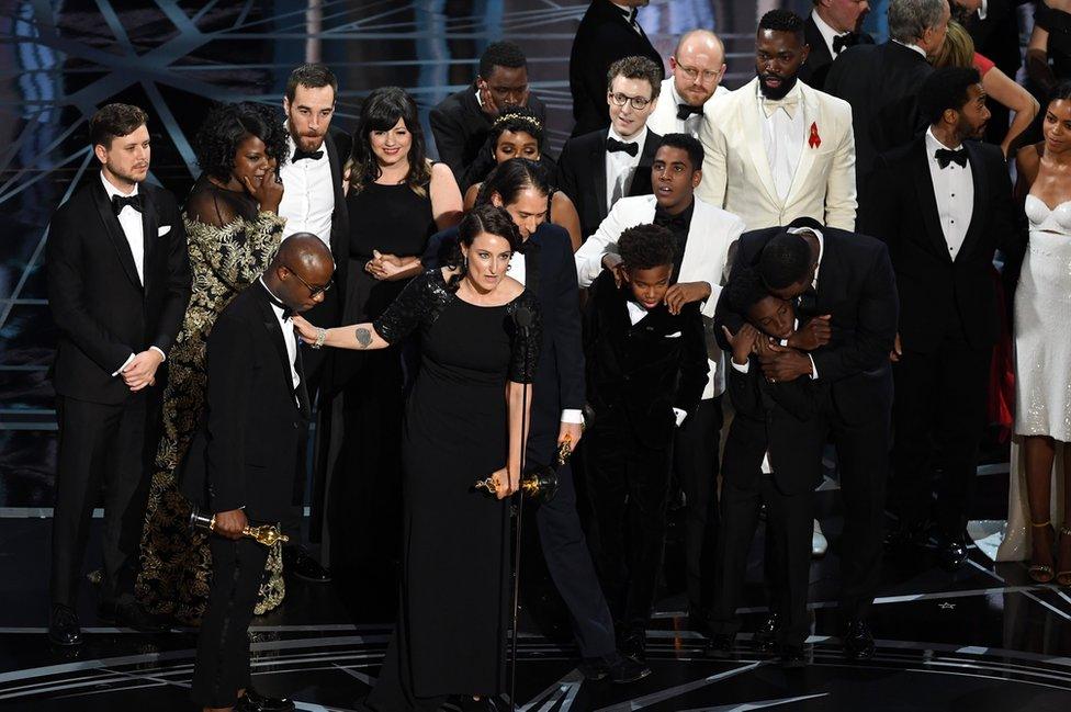 Cast and crew of Moonlight accept the Best Picture award