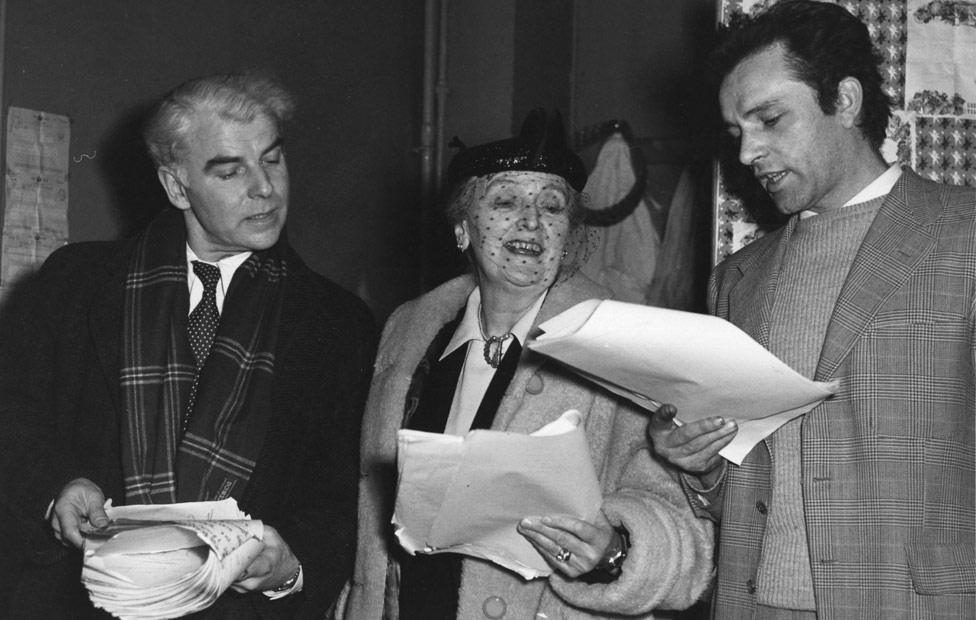 Richard Burton (right) rehearsing Under Milk Wood with Emlyn Williams and Sybil Thorndike