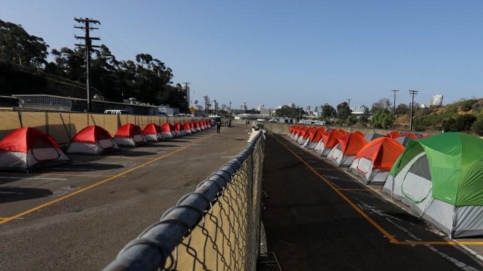 a row of tents set up by the city of San Diego