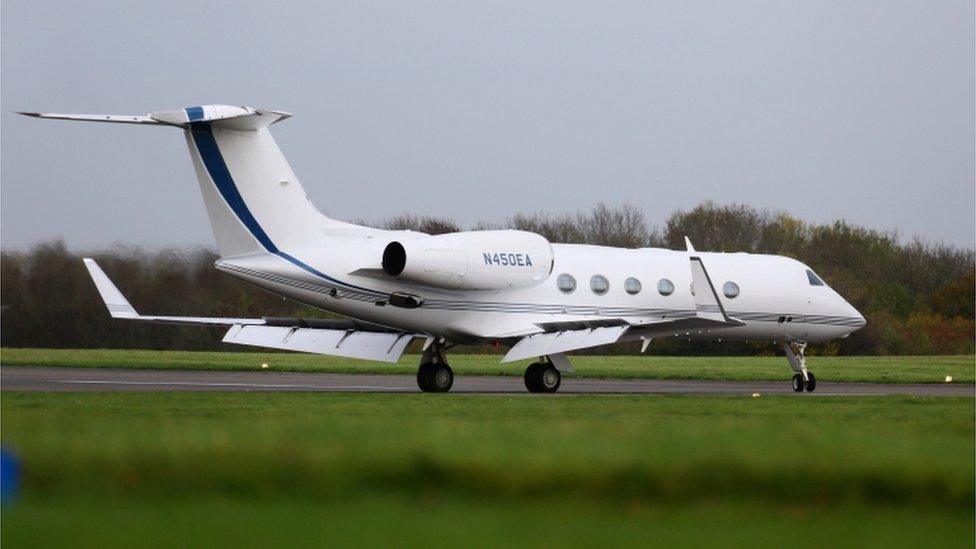 A plane believed to be carrying Shaker Aamer, the last British resident held at Guantanamo Bay, arrives at Biggin Hill airport