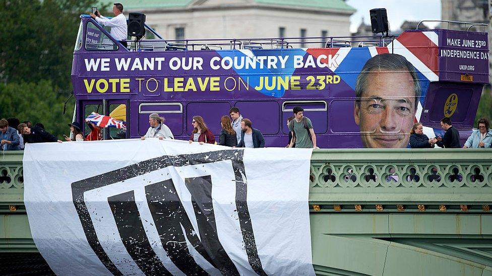 Campaigners to remain in the EU with a banner on Westminster Bridge, and a bus bearing the face of UKIP leader Nigel Farage and a message urging voters to leave the EU