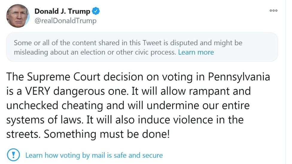 Tweet from @realdonaldtrump: "The Supreme Court decision on voting in Pennsylvania is a VERY dangerous one. It will allow rampant and unchecked cheating and will undermine our entire systems of laws. It will also induce violence in the streets. Something must be done!"