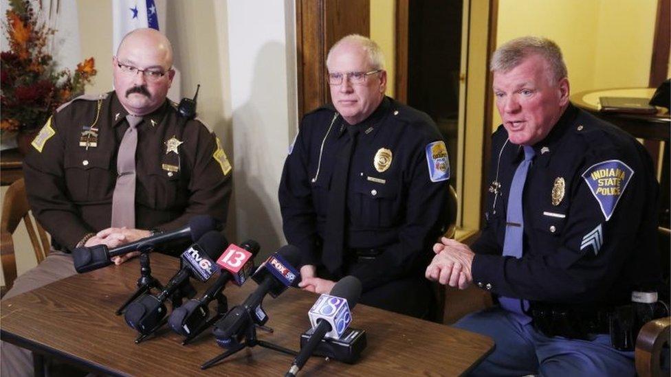 Carroll County Sheriff Tobe Leaszenby (L), Delphi Police Chief Steve Mullin (C) and Sgt. Kim Riley of the Indiana State Police.