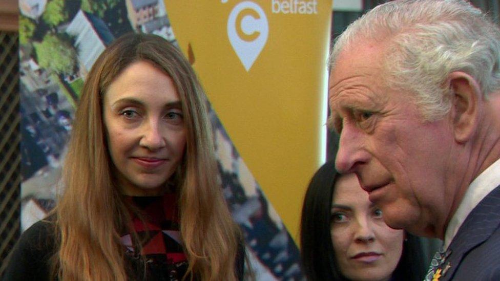 The prince speaks to Ukrainian refugee Maryna at Titanic Belfast