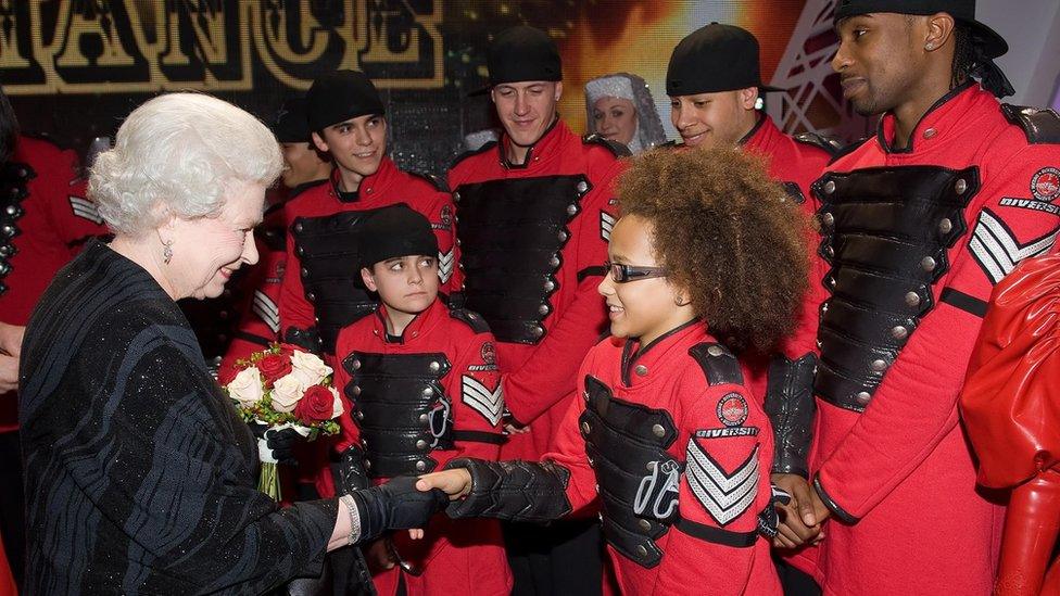 The Queen meeting dance group Diversity following the Royal Variety Performance in 2009