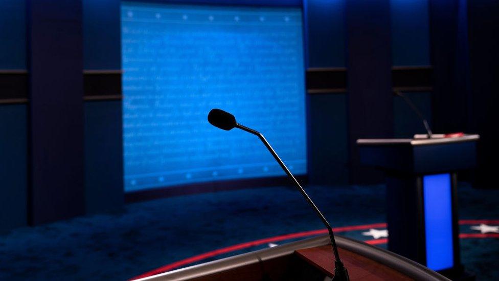 A view of US President Donald Trump's microphone on the debate set at Belmont University on October 21, 2020, in Nashville, Tennessee.