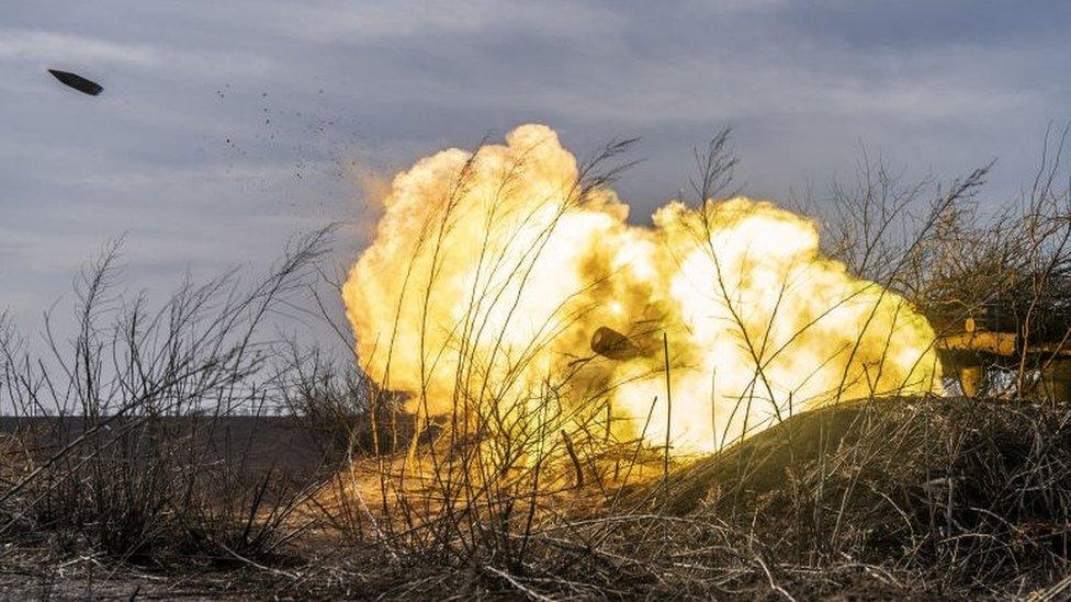 Ukrainian soldiers firing artillery at their fighting position as the Russia-Ukraine war continues in the direction of Bakhmut, Donetsk