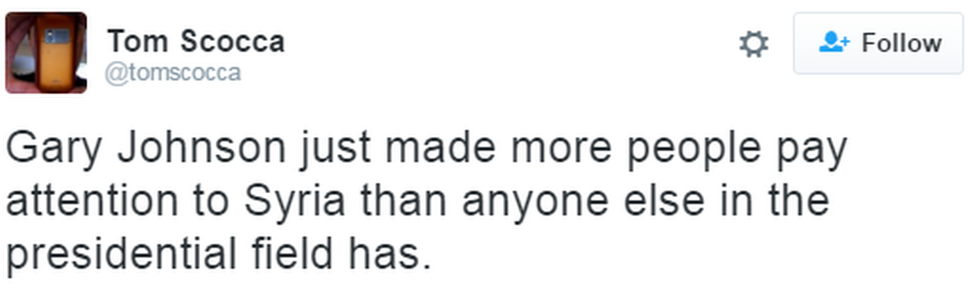 A tweet reads: "Gary Johnson just made more people pay attention to Syria than anyone else in the presidential field has."