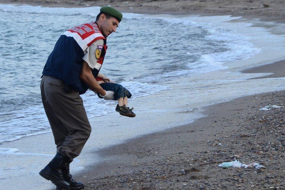 Body of Aylan Kurdi being lifted out of the water