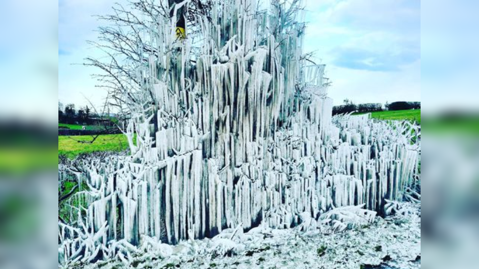 Ice formations near Llong on the way to Mold on a roadside