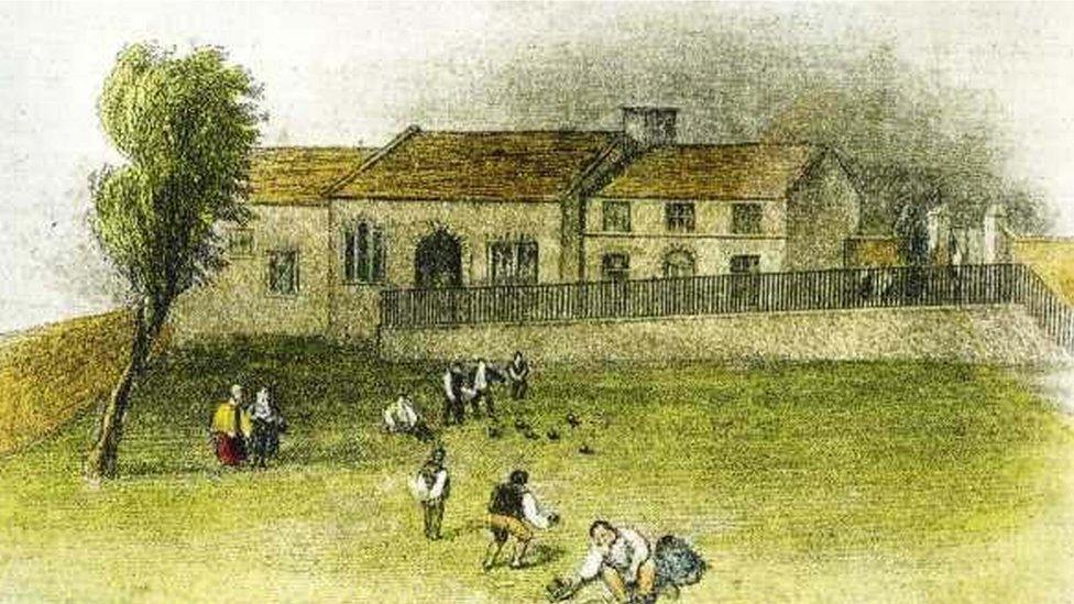 Engraving of the bowling green in New Beetwell Street, published in Ford's History of Chesterfield, 1839