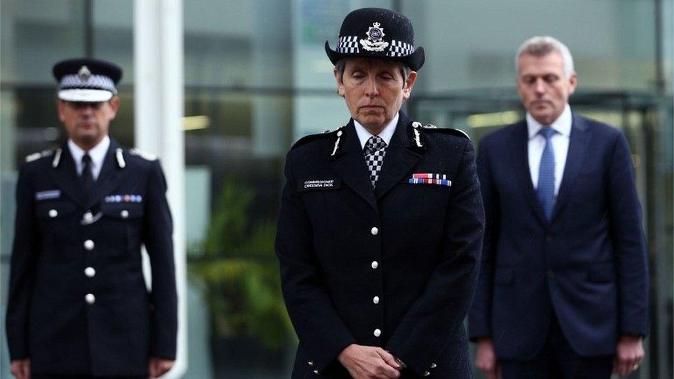 Metropolitan Police Commissioner Dame Cressida Dick (centre), Assistant Commissioner Nick Ephgrave (left) and Robin Wilkinson, Chief of Corporate Services