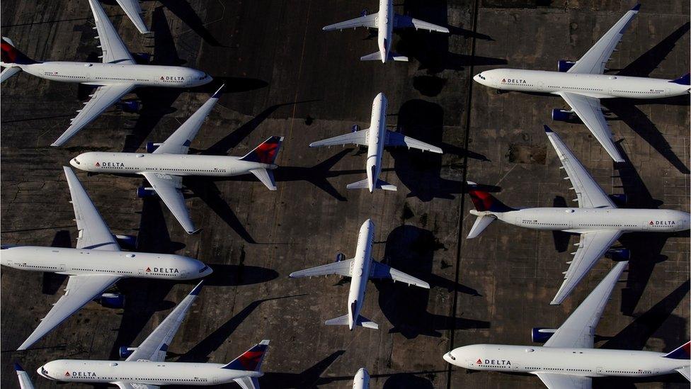 Commercial airplanes parked at an airport in Birmingham, Alabama due to the coronavirus pandemic