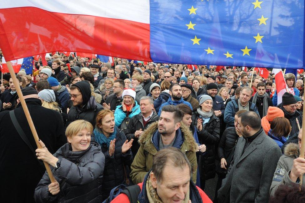 Protesters wave Polish and European Union flags during an anti government demonstration in Warsaw, Poland, Saturday, Dec. 19, 2015