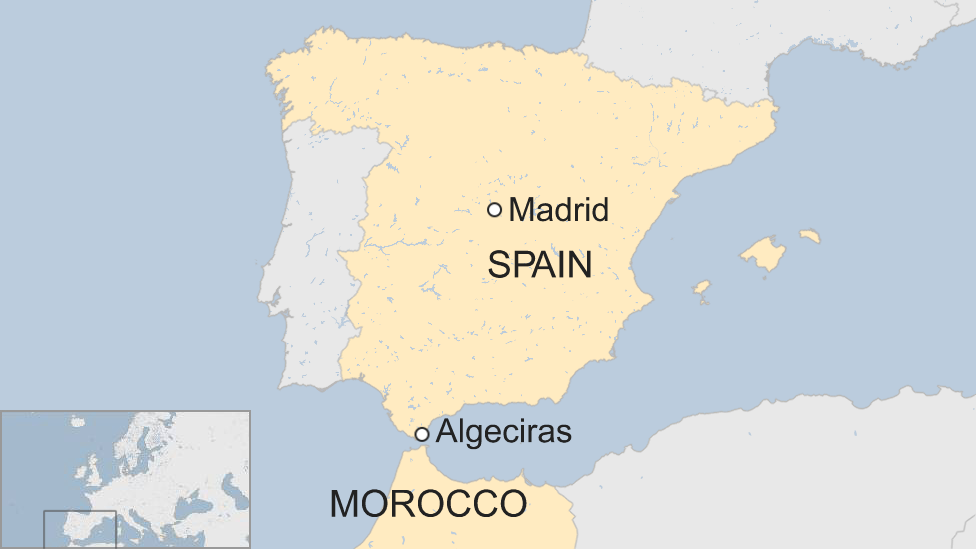 Map showing the location of Algeciras in southern Spain in relation to Morocco