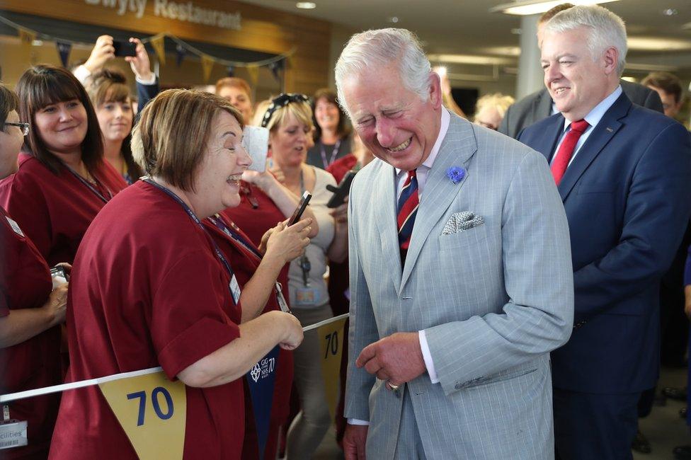 Prince Charles, Prince of Wales meets hospital staff as he visits Ysbyty Aneurin Bevan