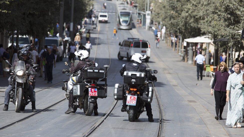 Israeli police patrol central Jerusalem's Jaffa Road