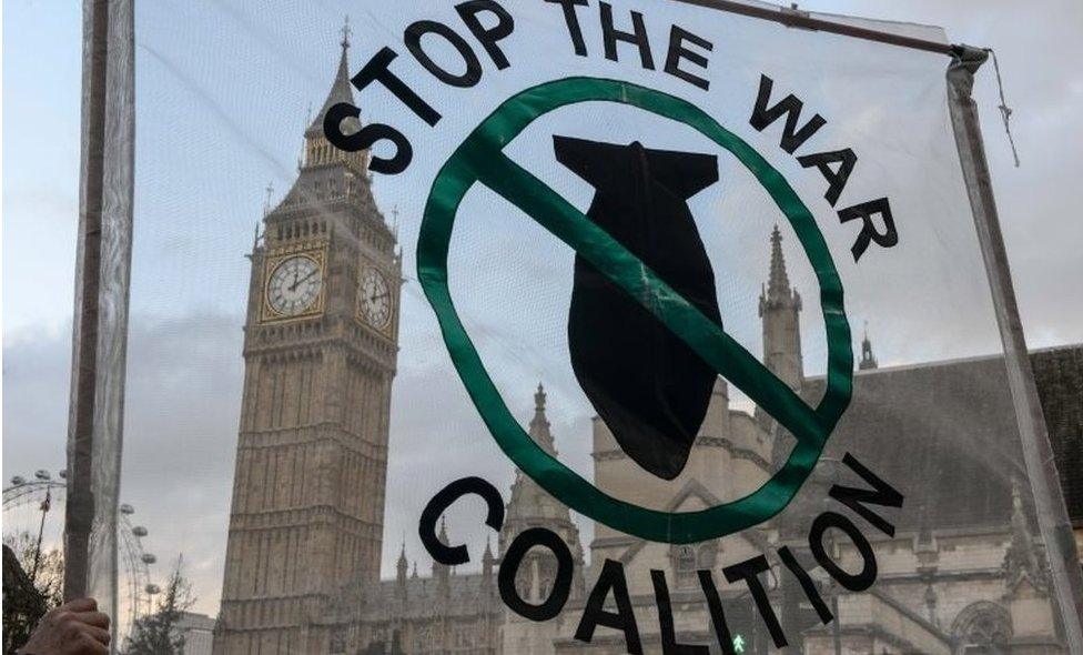 Stop The War Coalition banner at Westminster