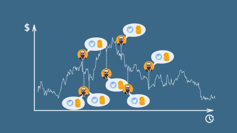 Graph showing President Bukele's Bitcoin purchases charted against the value of Bitcoin