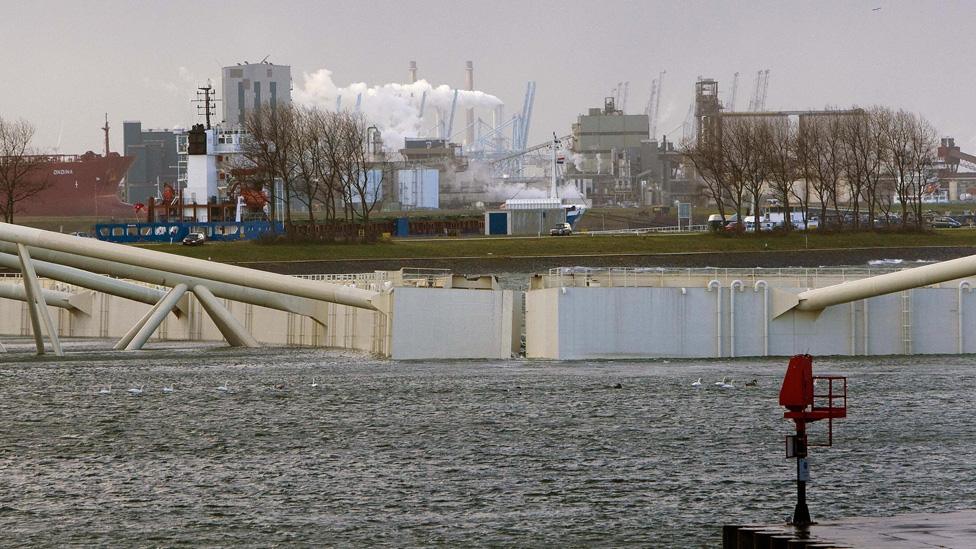 The giant Maeslant surge barrier that guards the entrance to the largest port in Europe, Rotterdam is closed, 09 November 2007, for the first time since its construction in the 1990s. It took half-an-hour for the two doors of the barrier across the Nieuwe Waterweg to meet, spanning a channel 360 metres wide.