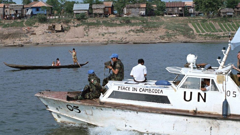 Troops from UNTAC (the United Nations Transitional Authority in Cambodia) patrol the rivers that course through the capital as they prepare the country for elections