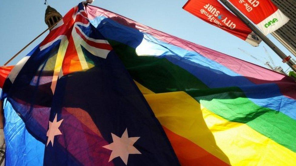 A file photo of a gay pride Australian flag on display during a Sydney parade