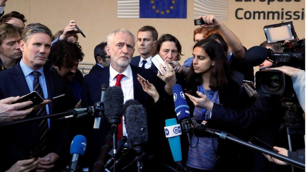 Sir Keir Starmer and Jeremy Corbyn leave the talks in Brussels