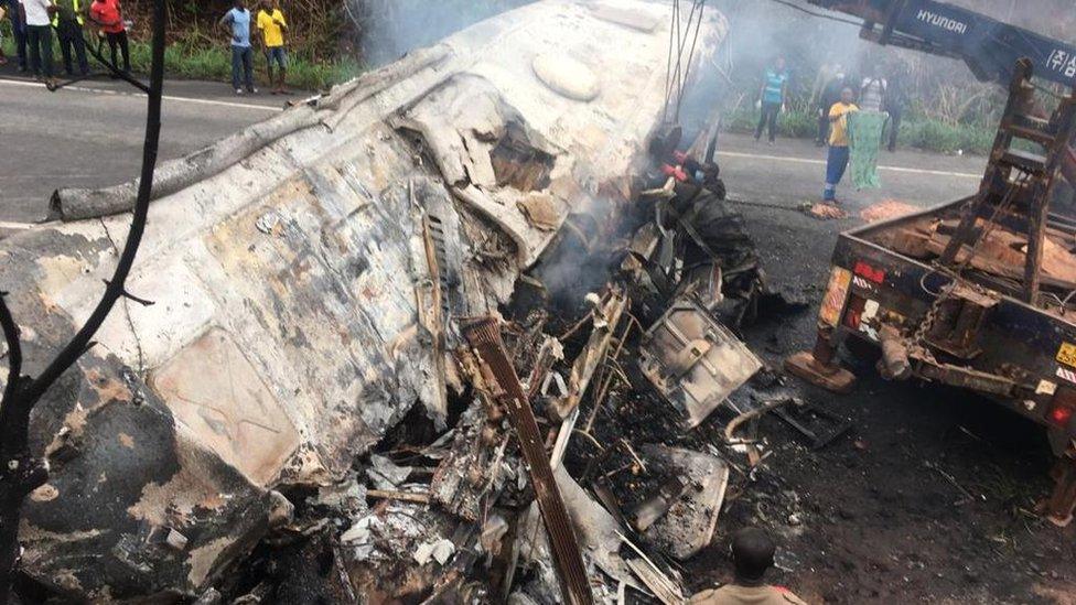 A close up of one of the charred buses