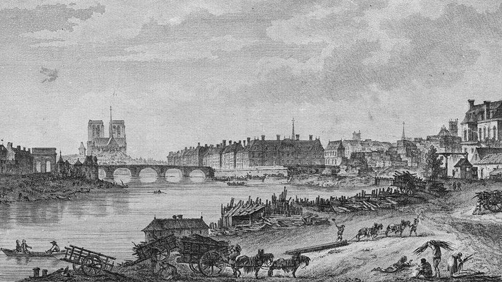 Engraving showing Notre-Dame shortly before the French Revolution