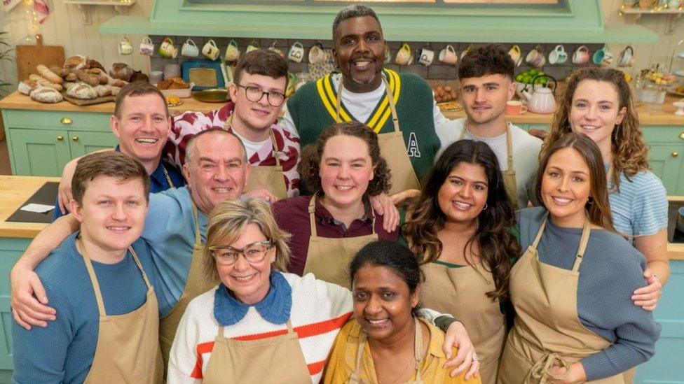 The 12 contestants gathered in the Bake Off tent