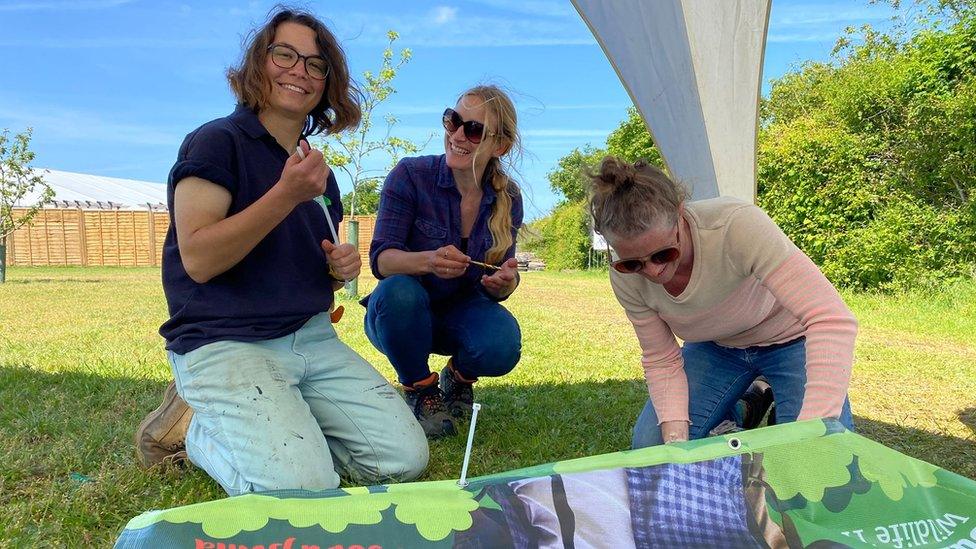 Three women setting up at the Suffolk Show