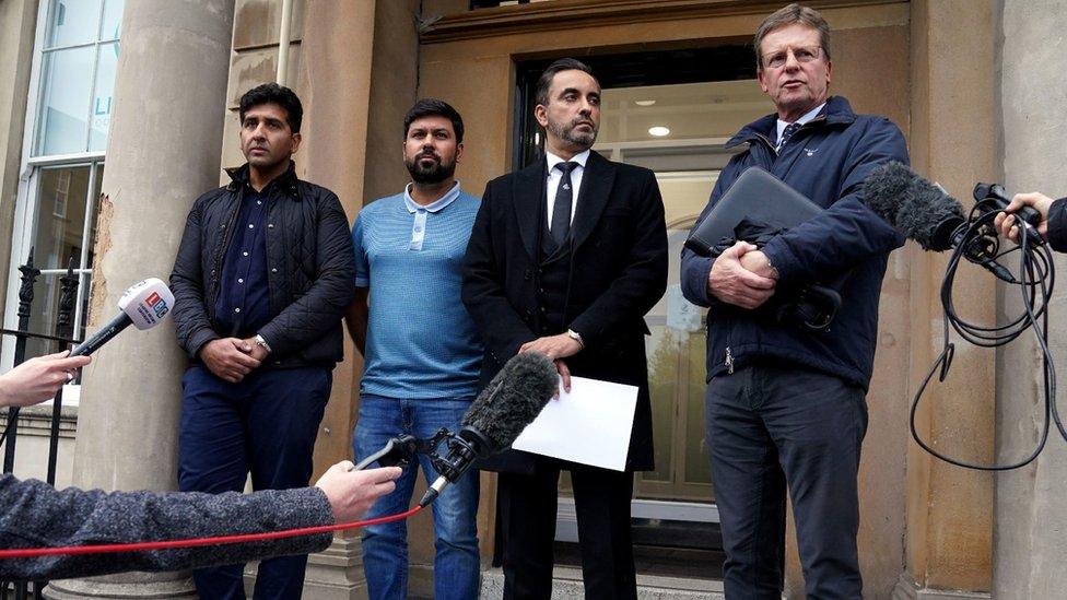 Gordon Arthur (right) with former cricketers Majid Haq (left) and Qasim Sheikh (second left) and lawyer Aamer Anwar earlier this month