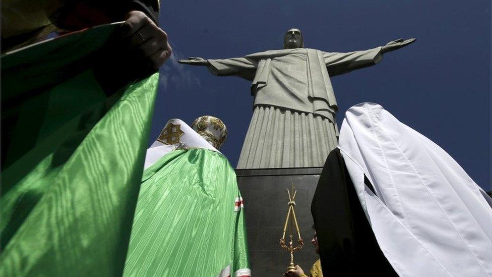 Russian Orthodox Patriarch Kirill (C) visits Christ the Redeemer in Rio de Janeiro