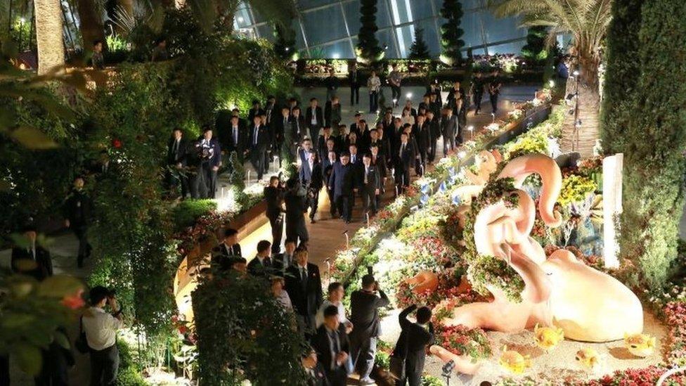 Kim Jong-un (centre) in Singapore's Gardens by the Bay. Photo: 11 June 2018