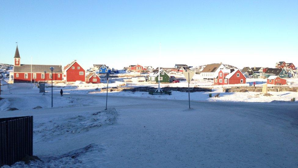 Nuuk, the capital of Greenland. 16,500 people live there out of Greenland's total population of just over 56,000.