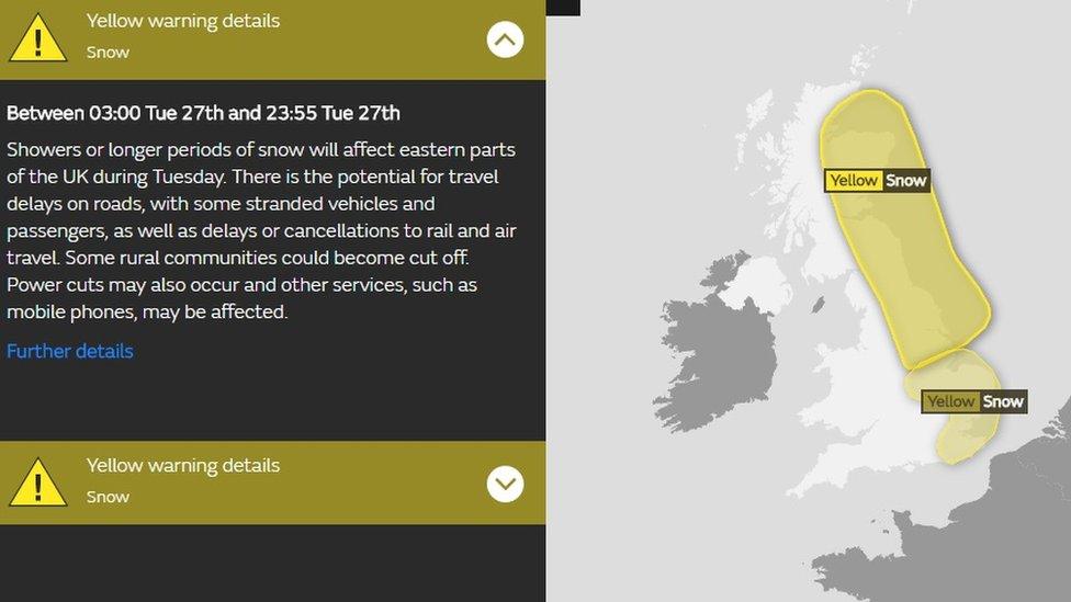 A map of the UK showing the yellow weather warnings