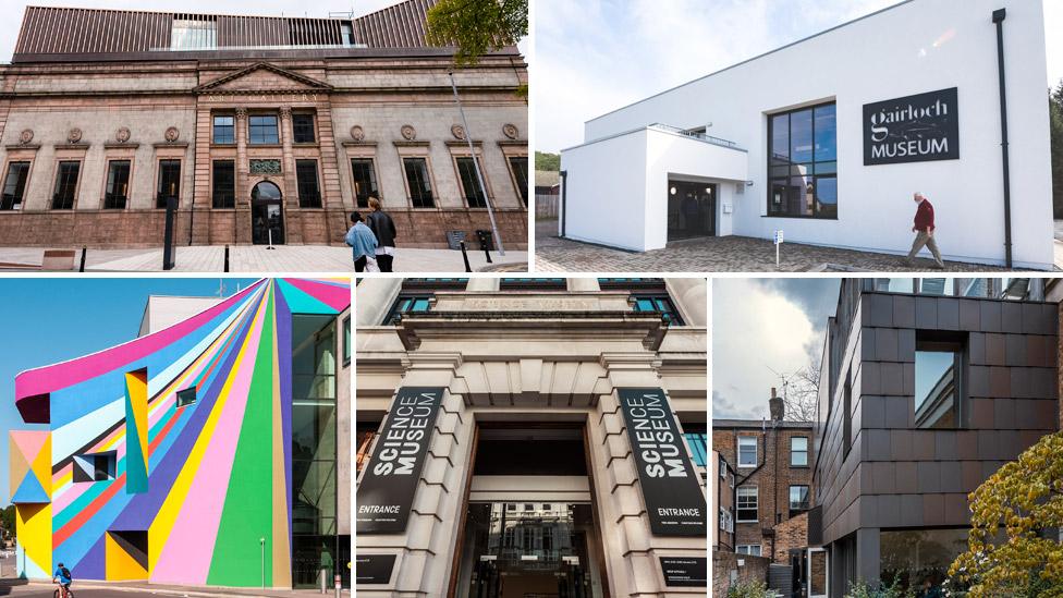 Clockwise from top left: Aberdeen Art Gallery, Gairloch Museum, South London Gallery, Science Museum, Towner Eastbourne