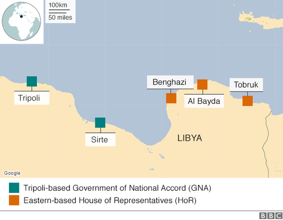 Map showing areas controlled by various groups in Libya