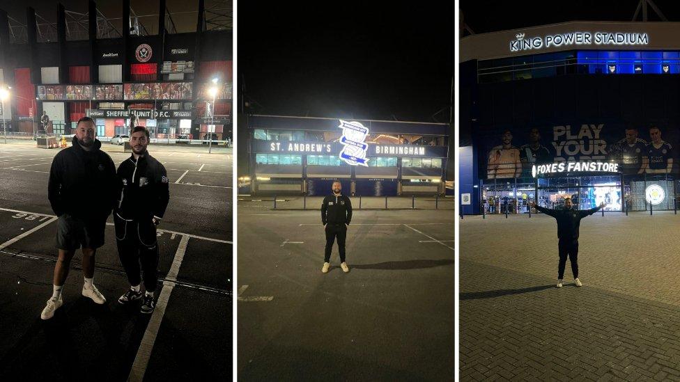 Jack Scadden outside the stadiums of Sheffield United, Birmingham City and Leicester City