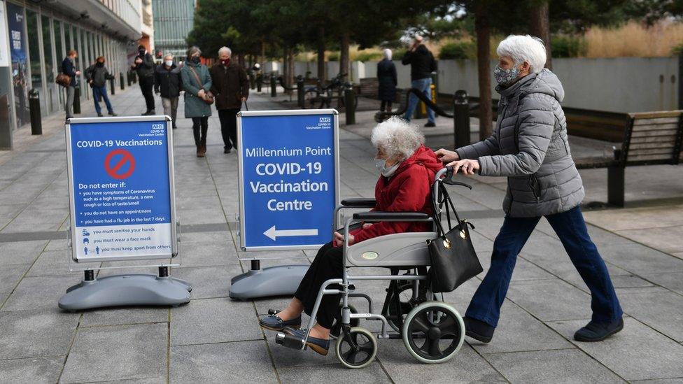 Members of the public arrive to receive their injection of a Covid-19 vaccine at the NHS vaccine centre that has been set up at the Millennium Point centre in Birmingham.