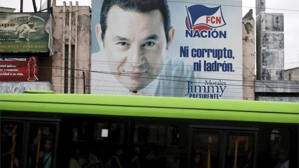 A billboard of presidential candidate Jimmy Morales of the National Convergence Front party is seen in Guatemala City on 24 October, 2015.