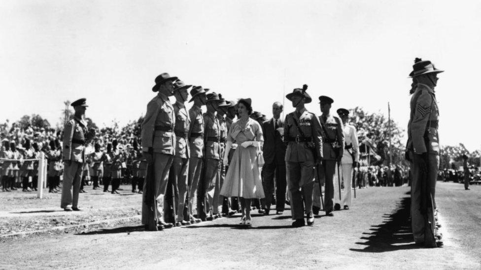 Princess Elizabeth and Prince Philip, the Duke of Edinburgh, inspecting the Guard of Honour at the Kenya Regiment Headquarters, February 3rd 1952