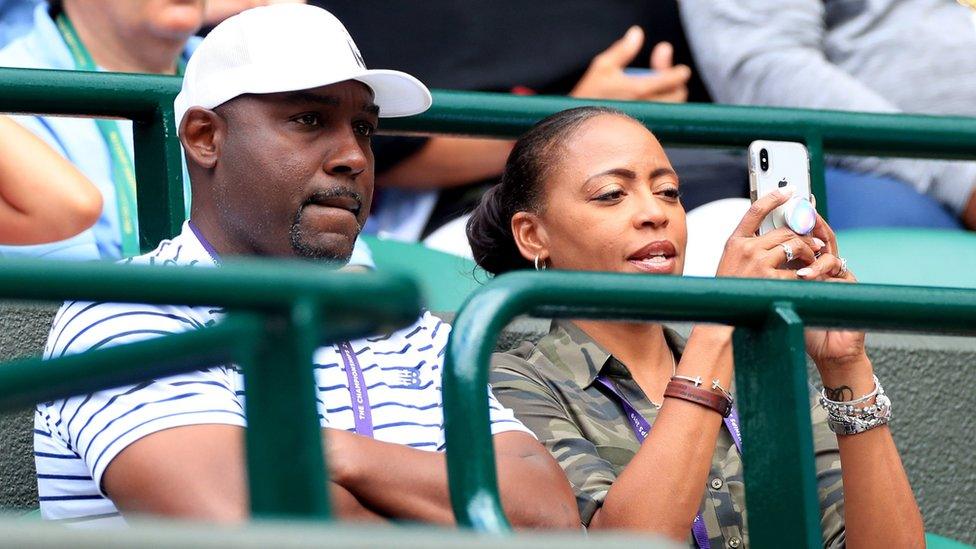 Father and Coach of Cori Gauff, Corey Gauff with is wife Candi on day one of the Wimbledon Championships at the All England Lawn Tennis and Croquet Club, Wimbledon.