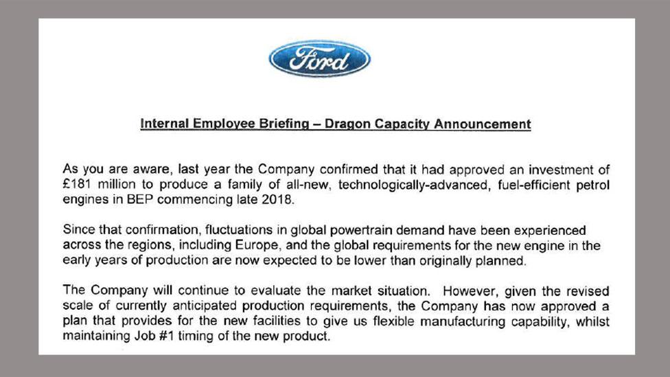 An extract of a letter given to Ford workers in Bridgend by the plant manager on Tuesday