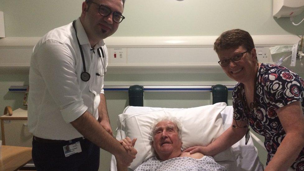 Refugee doctor Rouni Youssef with his mentor Dr Sue Jones and elderly patient