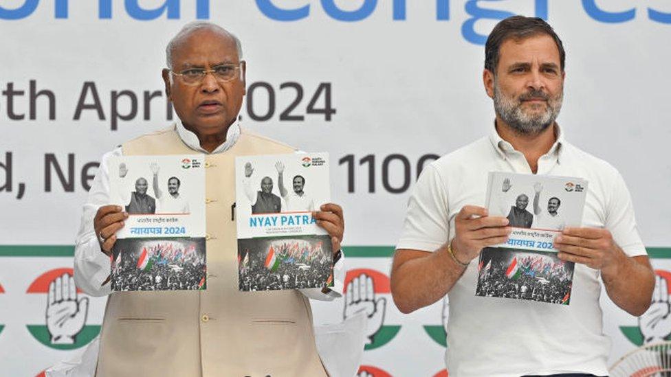 Congress President Mallikarjun Kharge with senior party leader Rahul Gandhi, releasing the Congress manifesto