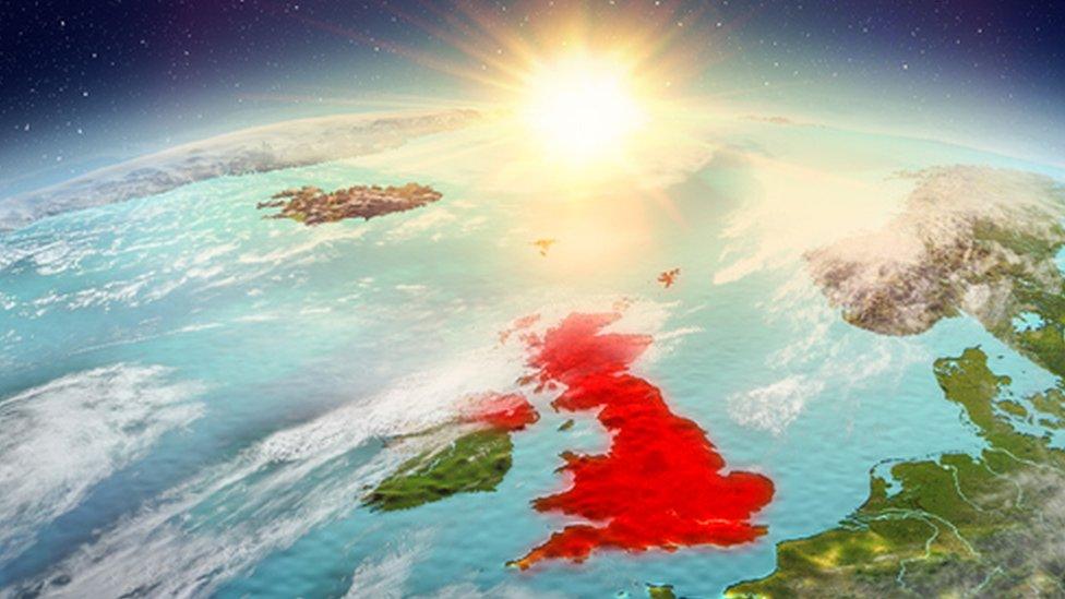 UK from space being warmed by the sun.