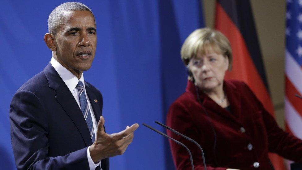 Barack Obama, speaks during press conference with German Chancellor Angela Merkel in chancellery in Berlin, Germany. 17 Nov 2016