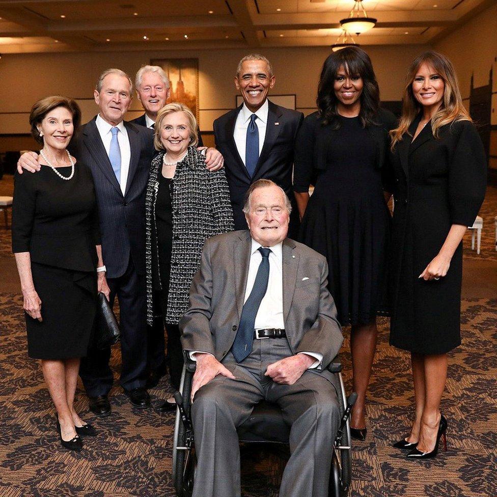 Former US Presidents and former US first ladies Laura Bush, George W. Bush, Bill Clinton, Hillary Clinton, Barack Obama, Michelle Obama, and US first lady Melania Trump posed with former US President George HW Bush at the funeral of former first lady Barbara Bush in Houston, Texas.